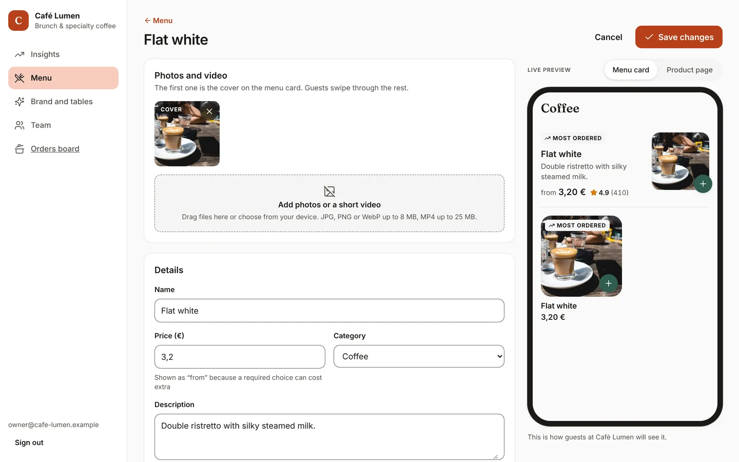 The menu editor with fields for photos, name, price and category, and a live phone preview on the right.
