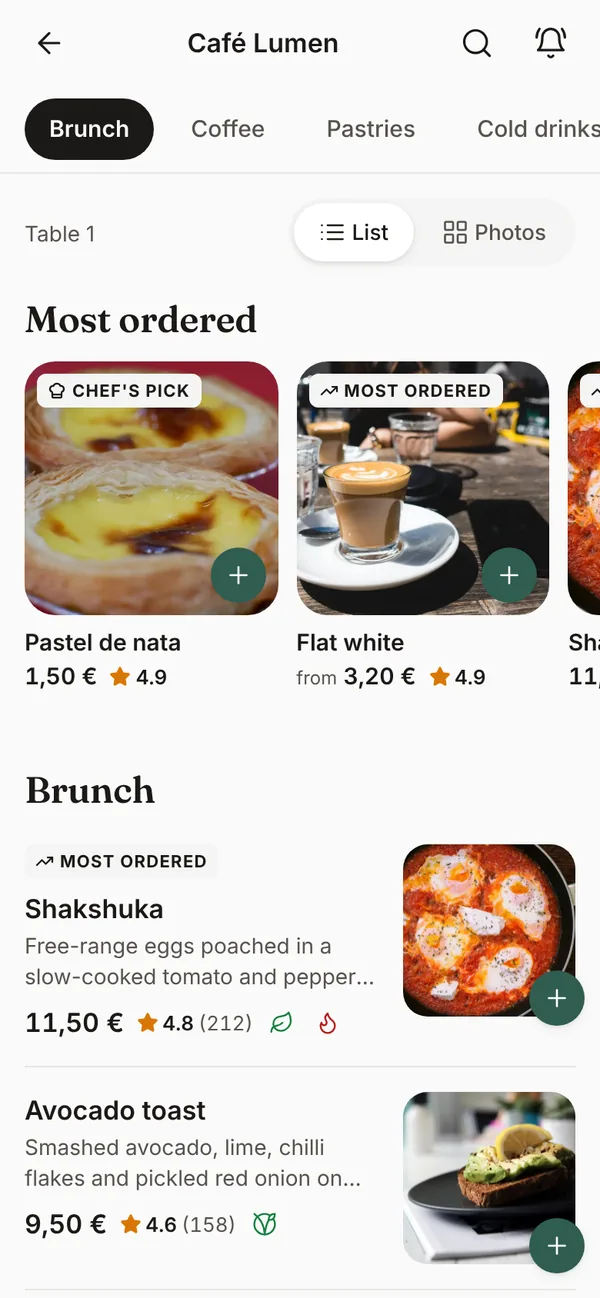 The menu of demo venue Café Lumen on a phone, with a Most ordered row and dishes with price and rating.